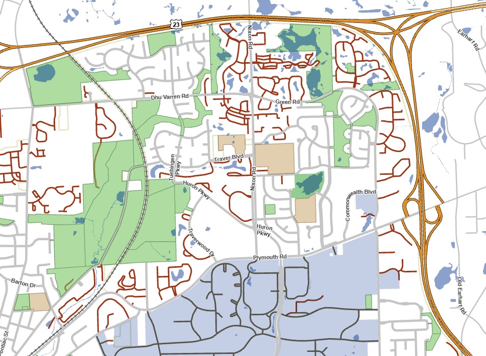 Map of the M-14 / US-23 corridor in northeast Ann Arbor showing affected residential communities